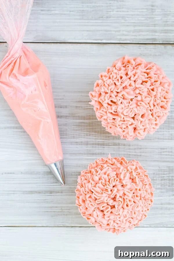 above shot of piping bag and 2 cupcakes - vanilla buttercream frosting