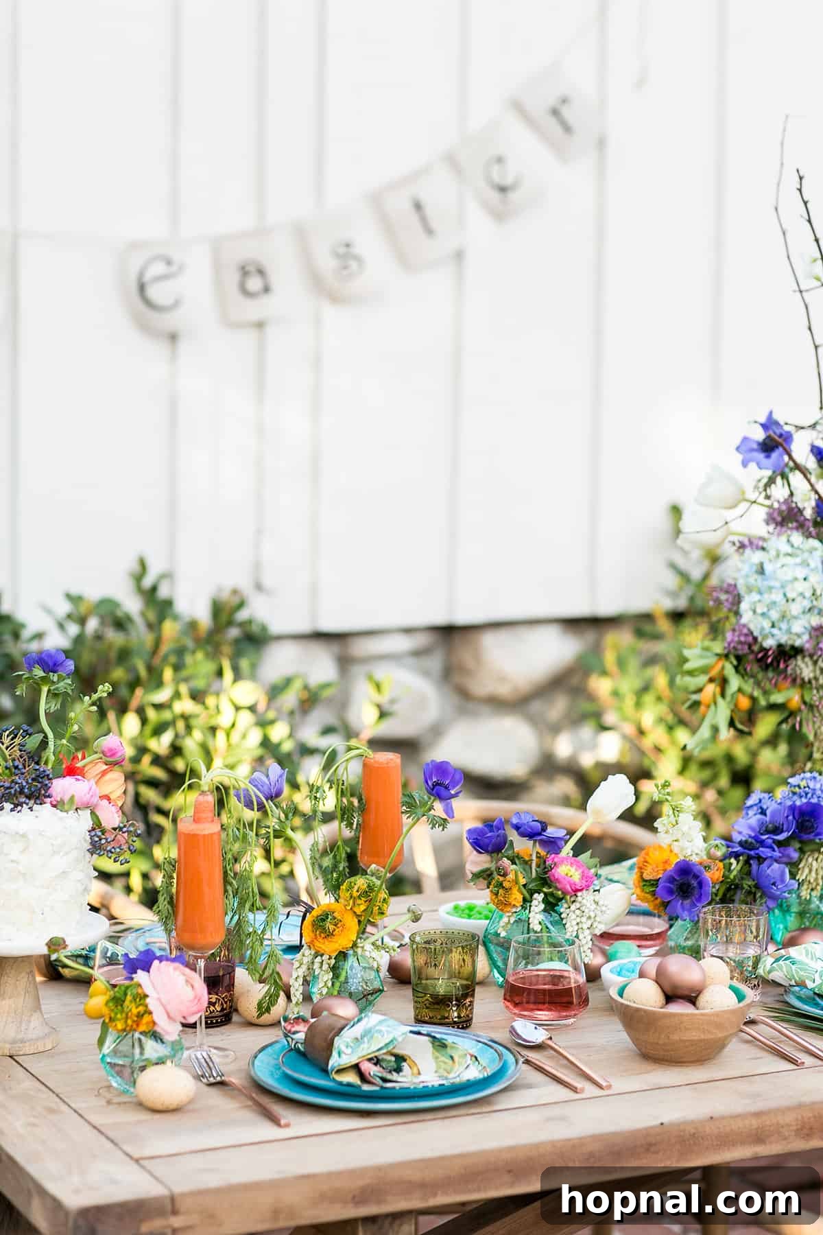 Colorful Easter party ideas displayed on a table setting, showcasing vibrant decor, delicious food, and refreshing drinks for a festive celebration.