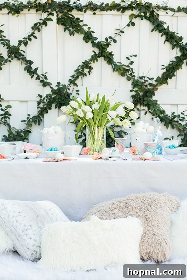 Dyeing for Easter Fun 2 A beautifully decorated table set for an Easter party for kids, featuring colorful flowers, festive decorations, and comfortable throw pillows.