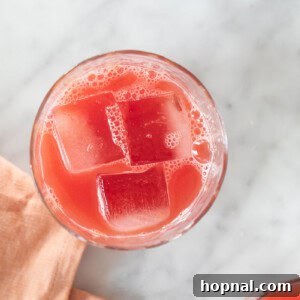 Freshly blended watermelon juice poured into a glass with ice.