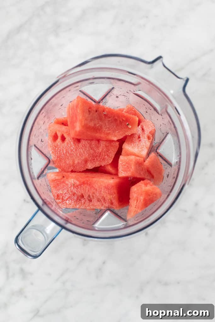 Cool Watermelon Quencher 4 Watermelon cubes neatly placed inside a high-speed blender, ready to be processed into juice.