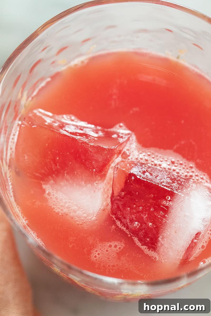 Cool Watermelon Quencher 10 A beautifully presented glass of fresh watermelon juice with ice and a watermelon wedge, sitting next to whole mini watermelons and a slice, embodying the essence of summer.