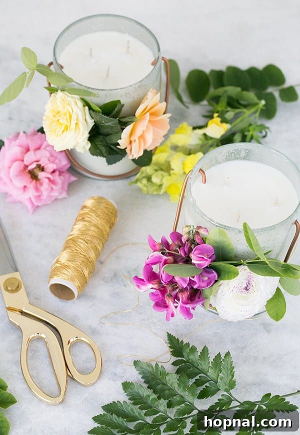 Overhead picture of essential oil candles with fresh flowers - candle making, candles with essential oils, candle burns, essential oil candle making