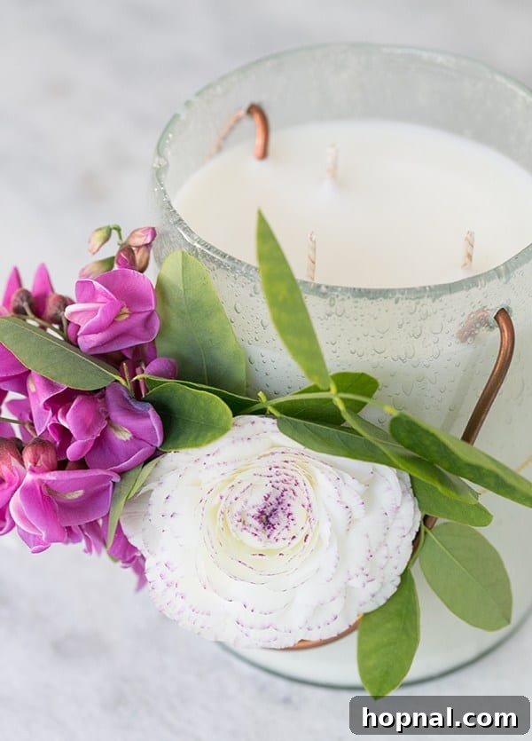 An essential oil candle decorated with fresh flowers - soy wax, candle making, candle wax, beeswax candles, soy wax candles, pure essential oils, coconut oil, homemade candle