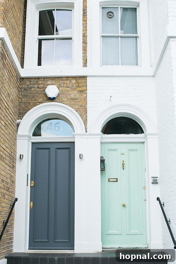 Side-by-side black and green doors on a charming London street