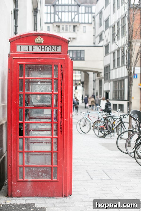 A classic bright red telephone booth, an icon of London