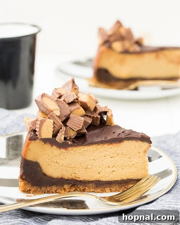 Decadent three-layer chocolate peanut butter cheesecake with chocolate ganache and Reese's peanut butter cups