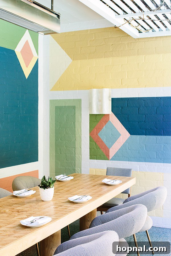 A close-up of Viviane's vibrant, colorful walls, showcasing the playful yet elegant design elements.