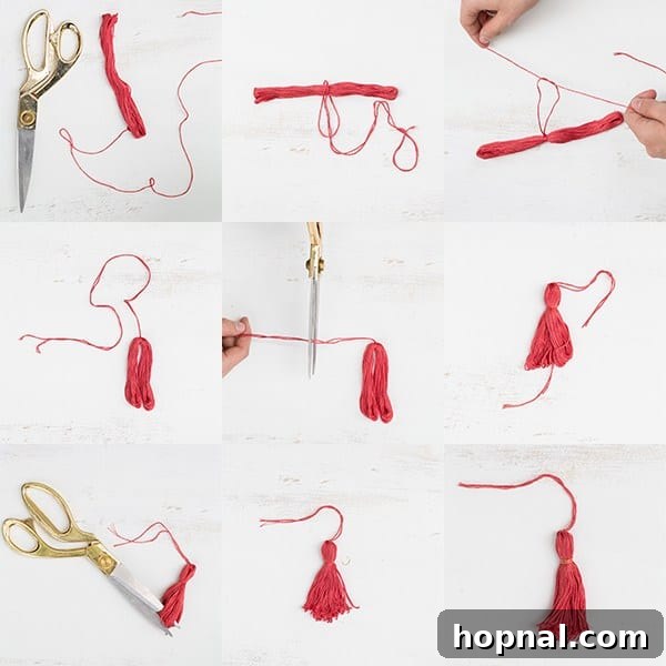Cash Creations for Grads: Caps & Tassels 5 Step-by-step image showing how to tie the embroidery floss to form the head of a DIY tassel.