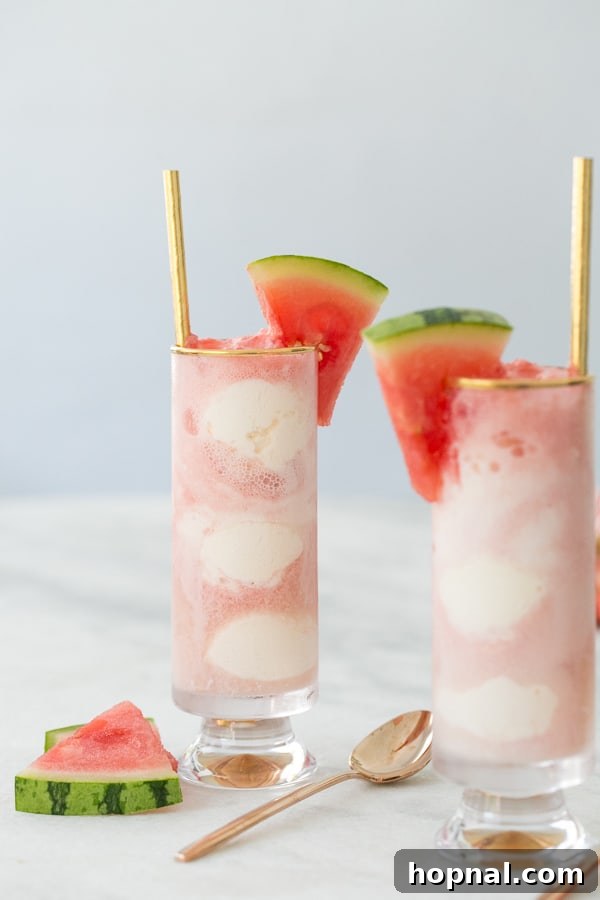 Close-up side view of two watermelon soda floats in clear glasses, showing the layers of ice cream, sparkling juice, and watermelon balls.