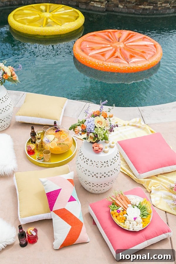 Pool party with pink pillows, citrus fruit floats, flowers and a cocktail punch.