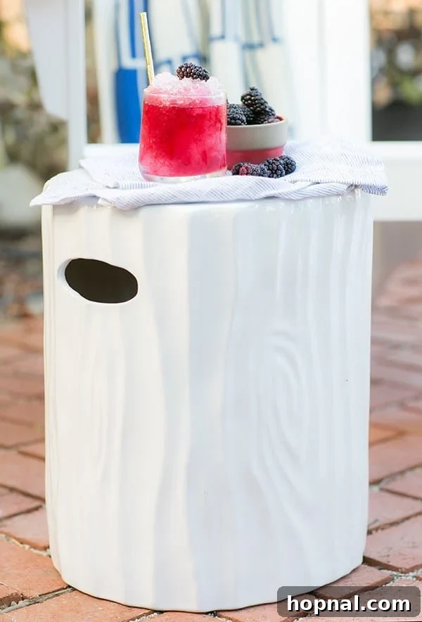Stars Stripes and Spiked Slushies 3 A crisp boozy snow cone garnished with fresh blackberries rests delicately on a minimalist white ceramic stool, evoking a sense of chic summer refreshment.