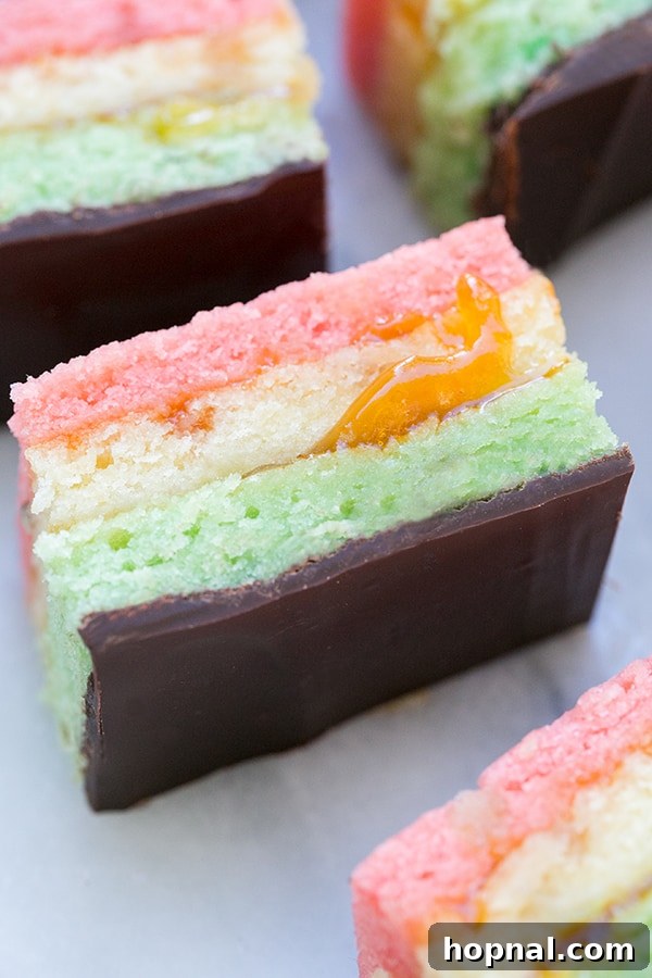 close up shot of slice of italian rainbow cookies