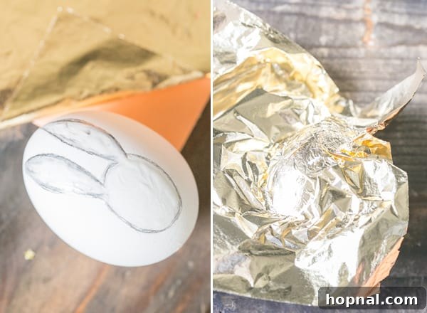 Golden Splendor Easter Eggs 5 Photos showing the step-by-step process of making a gold leaf Easter egg bunny design