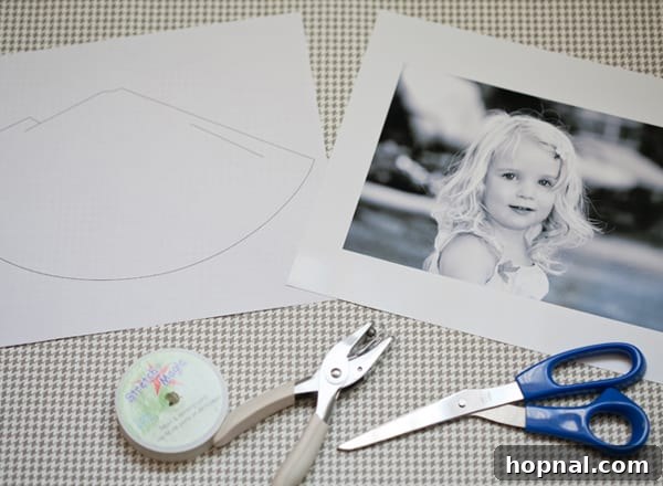 Personalized Photo Celebration Hats 3 An array of crafting materials laid out, including printed photos, scissors, tape, and a party hat template, ready for the DIY project.