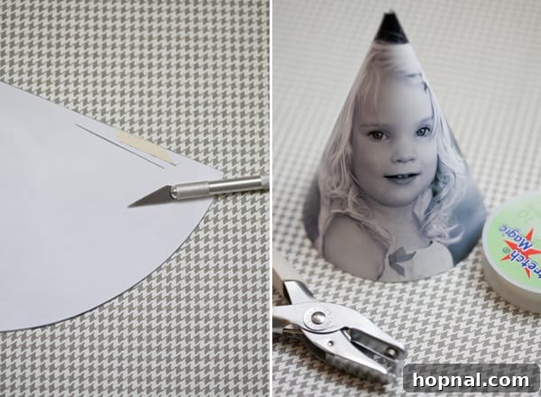 Personalized Photo Celebration Hats 4 A close-up view of a partially assembled DIY party hat, showing the template positioned over a photo before final cutting and assembly.