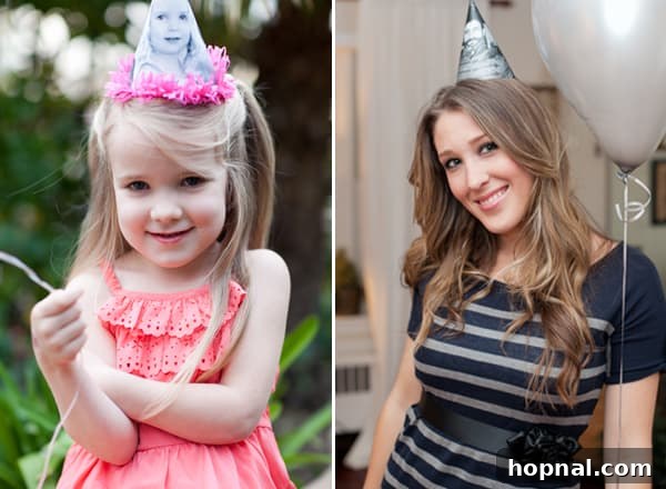 Personalized Photo Celebration Hats 7 A joyful child wearing a custom-made photo party hat, smiling brightly at a birthday party, showcasing the hat's delightful impact.