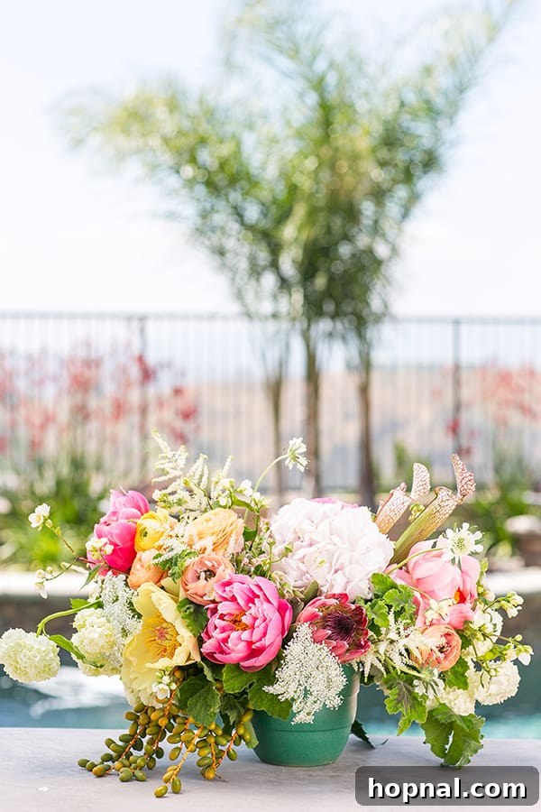 Beautifully arranged flowers near a pool
