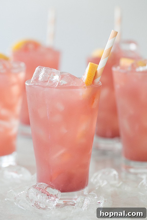 Shot of a beautiful pink summer drink in a glass, capturing its inviting hue and elegant presentation.
