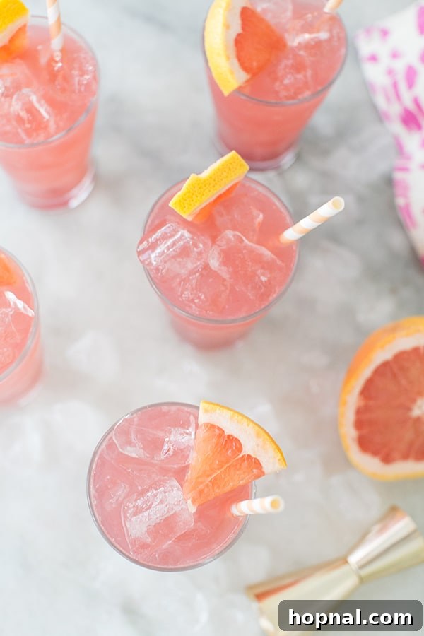 Overhead shot of a vibrant grapefruit cocktail, highlighting its fresh garnish and inviting presentation.
