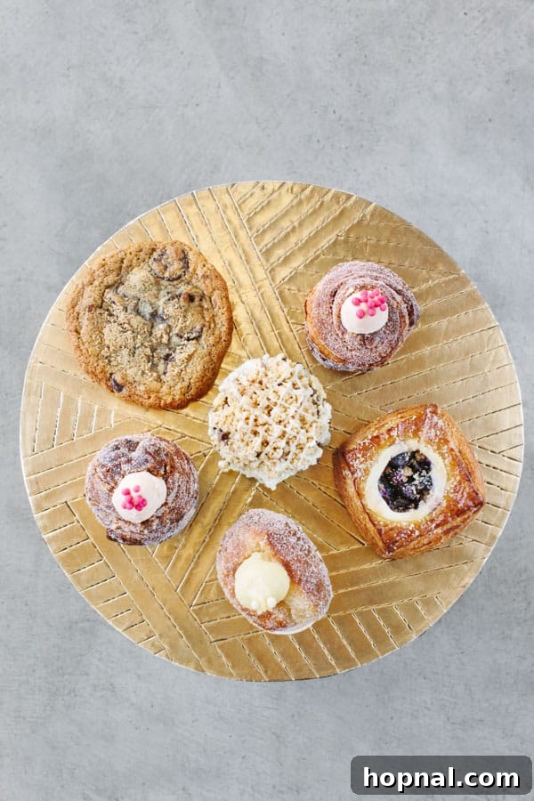 An array of sweet treats beautifully arranged on a gold table from Mr. Holmes Bakehouse, highlighting the bakery's elegant presentation.
