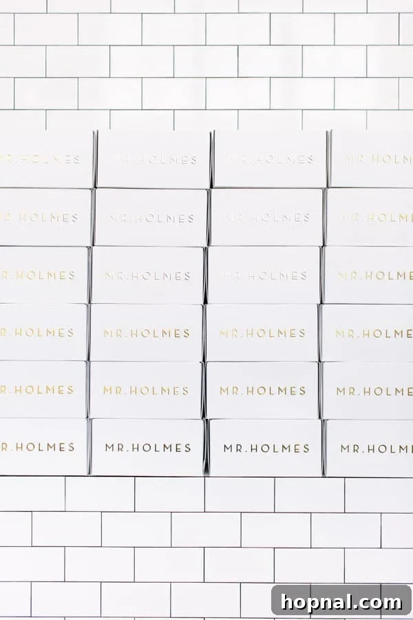 Signature bakery boxes from Mr. Holmes Bakehouse in Los Angeles, showcasing their distinct and stylish branding.