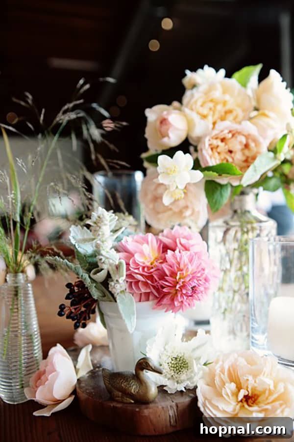 Budget wedding flowers in white vases, showing simple elegance.