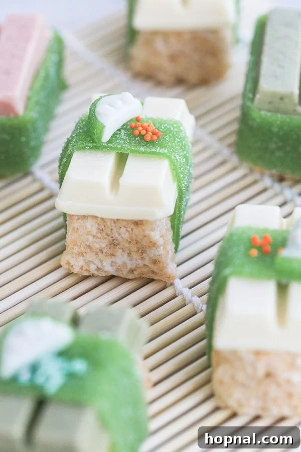 Sweet Sushi Delights with Kit Kat 5 Close-up of Kit Kat candy sushi pieces, highlighting the use of Kit Kat bars as the main 'fish' component on Rice Krispies 'rice'.