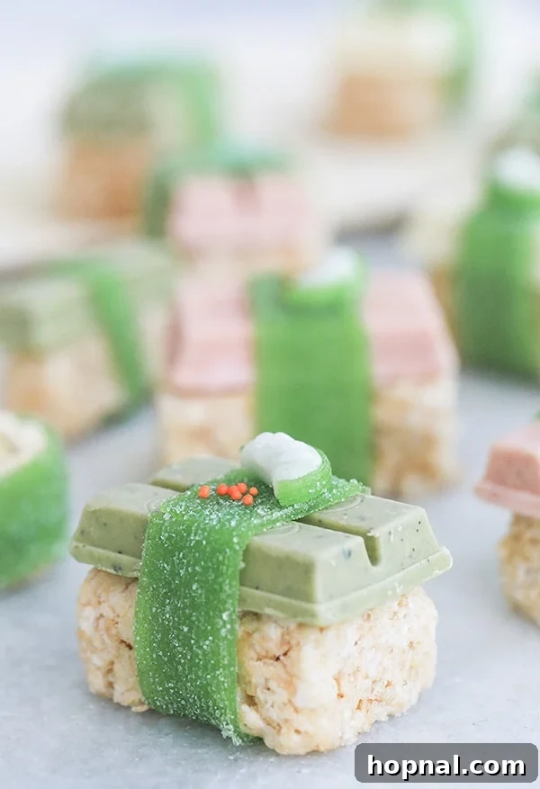 Sweet Sushi Delights with Kit Kat 6 Kit Kat sushi made with Rice Krispies 'rice' and various Kit Kat 'toppings', ready for serving.