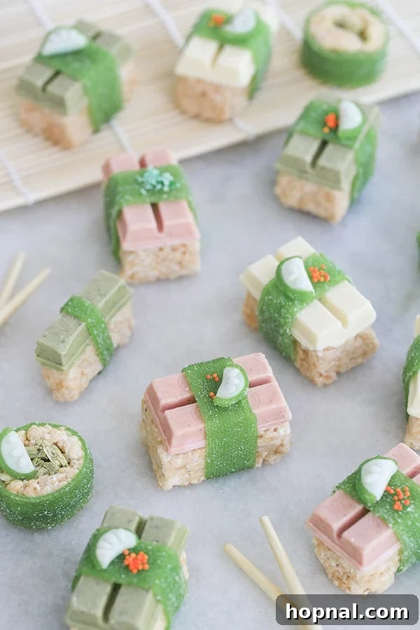 Sweet Sushi Delights with Kit Kat 9 A beautifully presented platter of Kit Kat candy sushi on a marble serving tray, ready to be enjoyed.