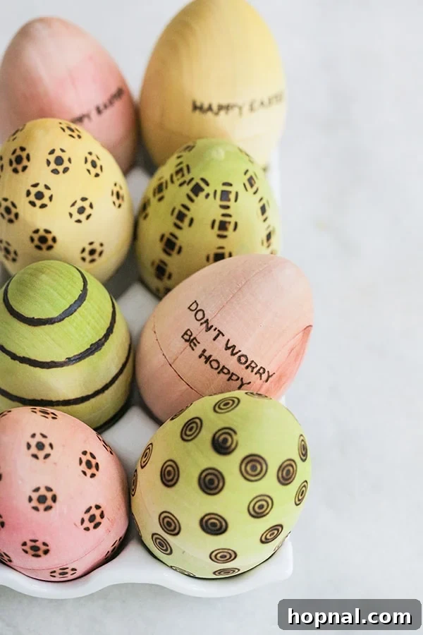 Heirloom Pyrography Easter Eggs 2 Easter eggs with patterns burned into them, showcasing various pyrography designs
