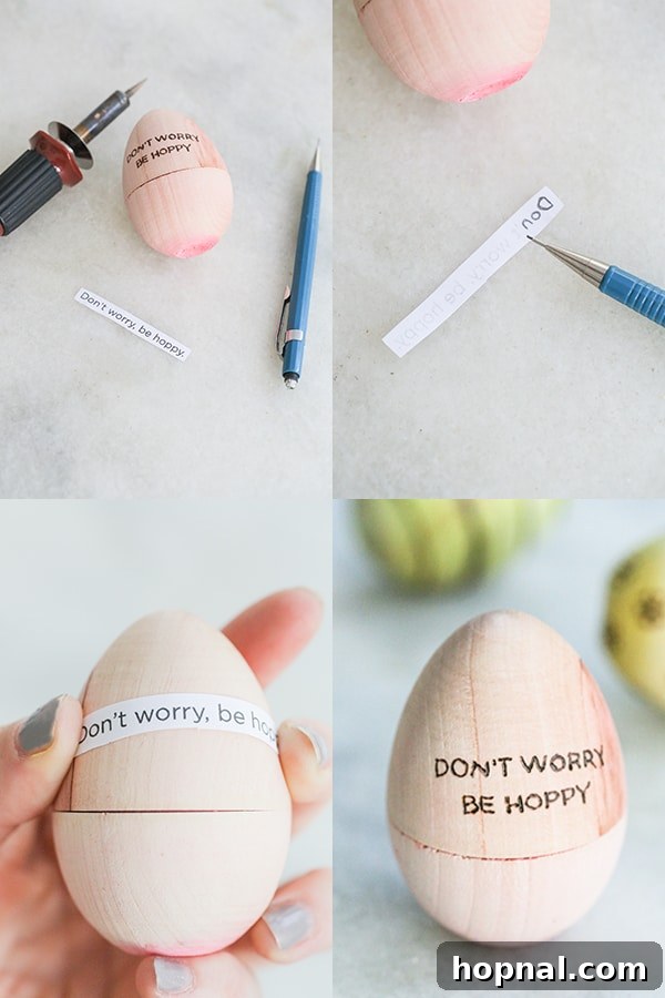 Heirloom Pyrography Easter Eggs 5 DIY steps for engraving a DIY wooden Easter egg, showing the tracing and burning process.