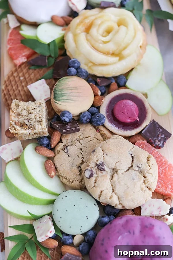 Close-up of a rustic wooden board laden with an inviting assortment of cookies, fresh apple slices, vibrant berries, and various sweet bars, perfect for a picnic.