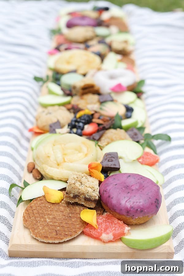 An elaborate dessert board featuring a long wooden platter piled high with cookies, mini-tarts, and various sweet treats, creating an abundant display.