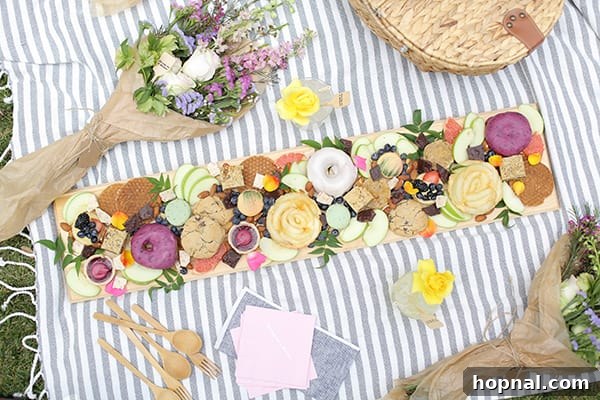 A beautifully arranged dessert board on a cozy picnic blanket, surrounded by other picnic essentials, inviting guests to indulge.