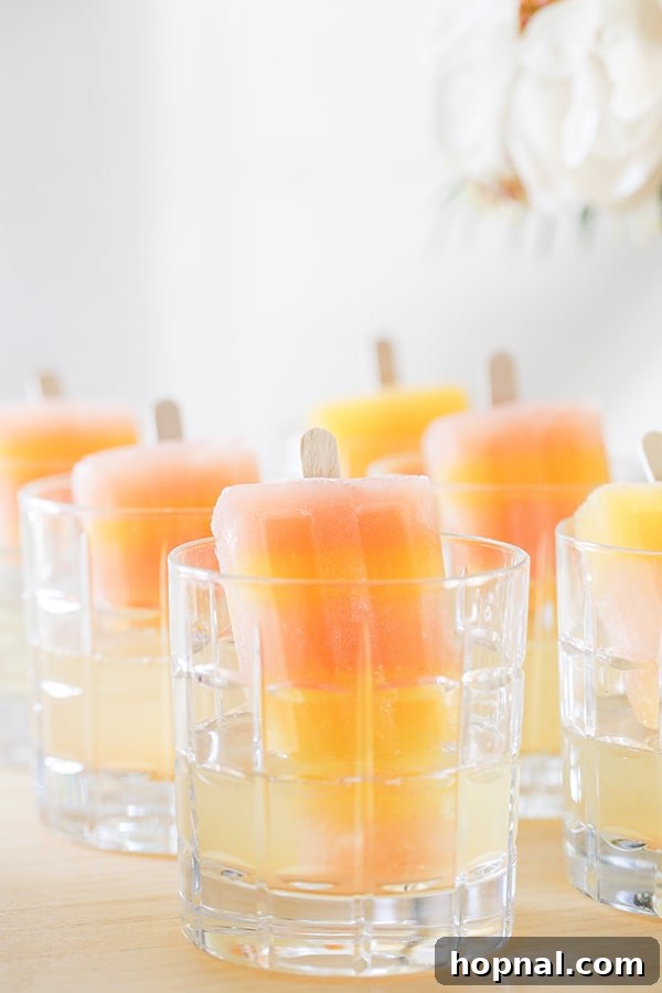 Boozy Greyhound Pops 4 Striped greyhound popsicles in a glass with champagne, showcasing the layers.