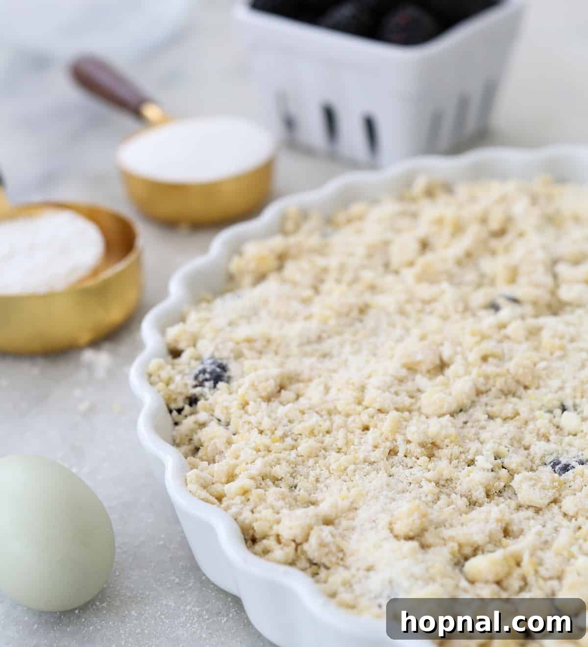 Sweet Blackberry Crumble Cobbler 4 Blackberry cobbler crumble before baking in a pie dish.