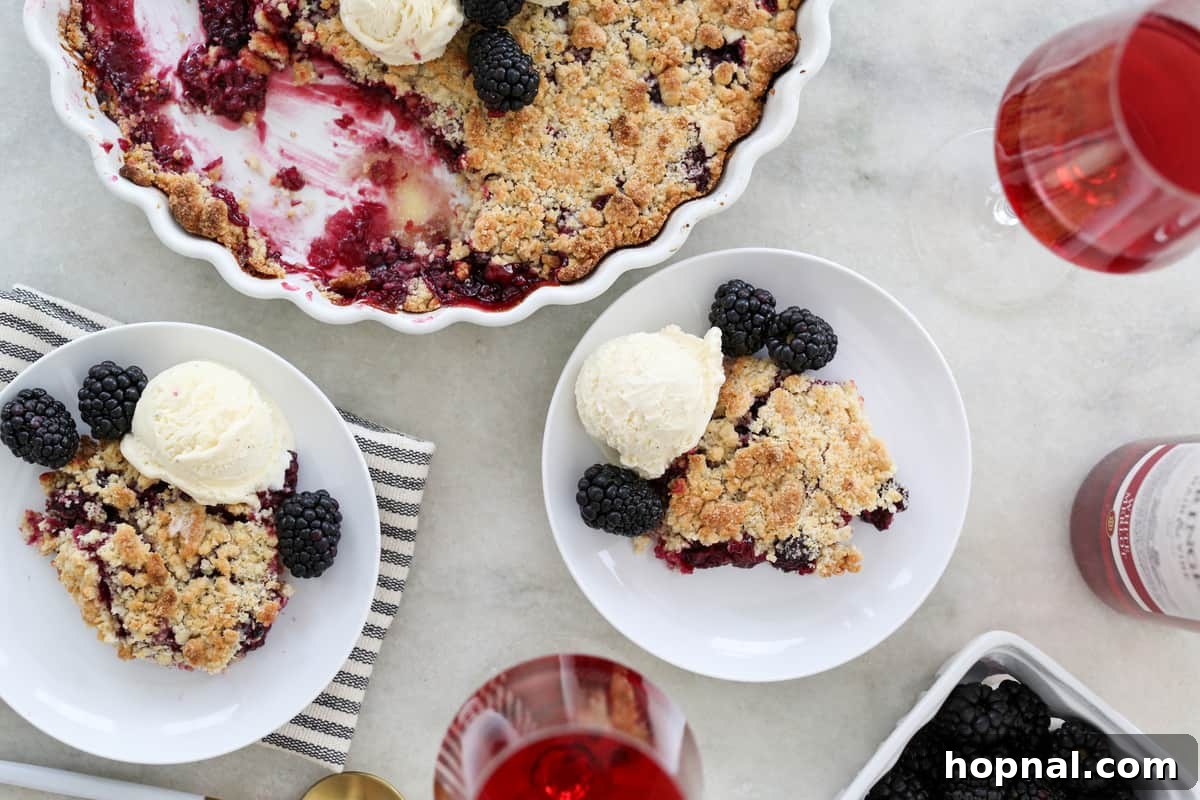Sweet Blackberry Crumble Cobbler 5 Blackberry cobbler crumble with ice cream, wine and fresh blackberries.