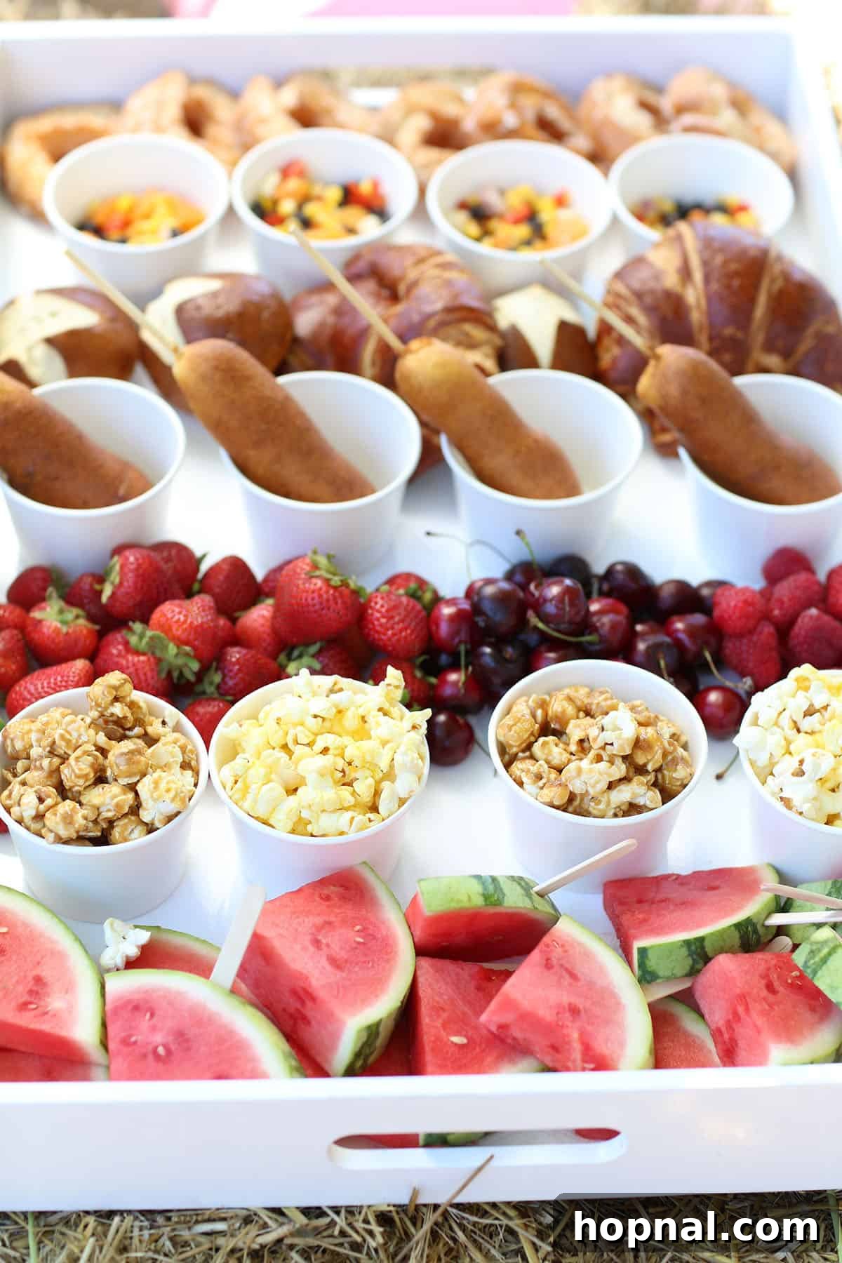 Backyard Big Top Bash 4 Assorted carnival party food on a platter including corndogs and fresh fruits