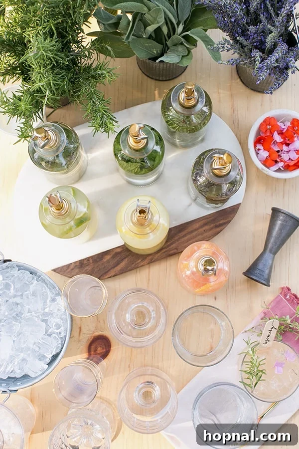 Assortment of simple syrups, fresh citrus juices, and various spirits arranged for making cocktails, highlighting fresh ingredients.