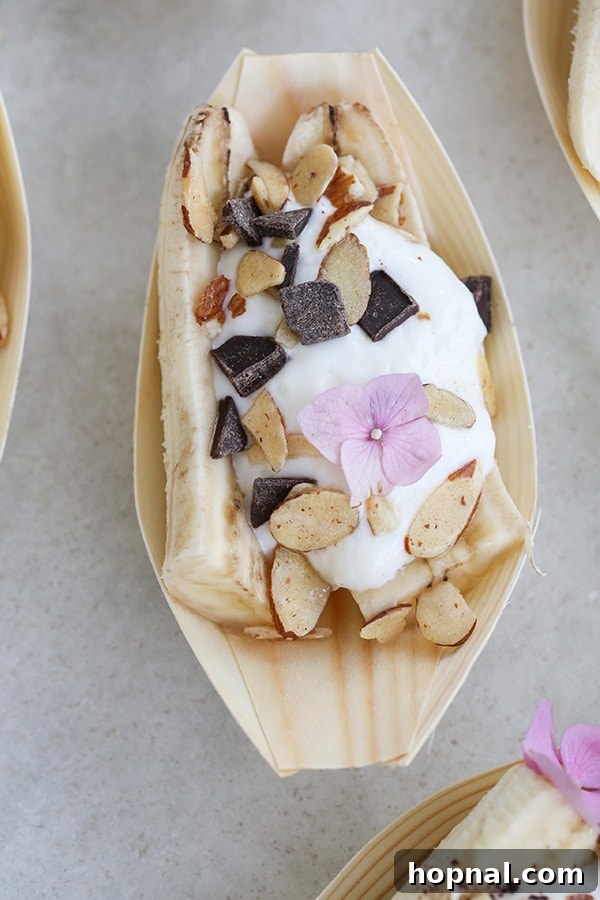 Banana Split Fever 4 Top-down view of several Nana Splits beautifully arranged, highlighting the vibrant colors and diverse toppings, ideal for sharing.
