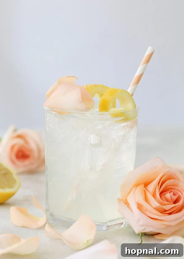Petal Potion 7 Final presentation of a Rose Water Cocktail, perfectly garnished with lemon and rose.