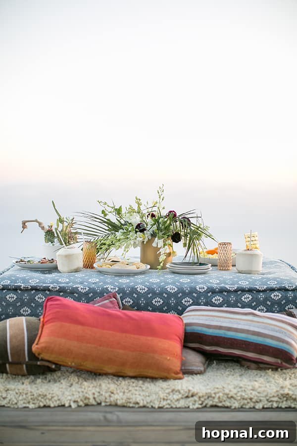 The Art of Airstream Entertaining in Malibu 4 An elegantly set outdoor table in Malibu, featuring a vibrant floral arrangement and sunset-inspired plates, perfect for a glamping dinner.