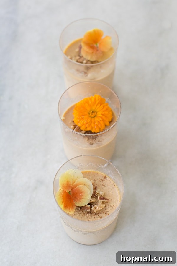 Pumpkin Panna Cotta Perfection 4 Three beautifully presented glasses of pumpkin panna cotta resting on a sophisticated marble work surface, ready for chilling.