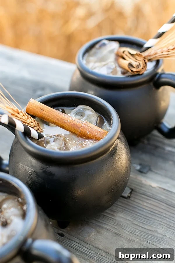 close up shot of black cauldron mugs with cinnamon sticks - whipped cream. coffee recipes, chocolate syrups