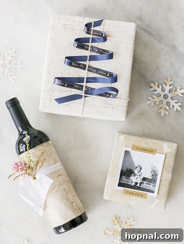 A beautifully wrapped present adorned with a custom ribbon and festive decorations, highlighting personalized gift wrapping.