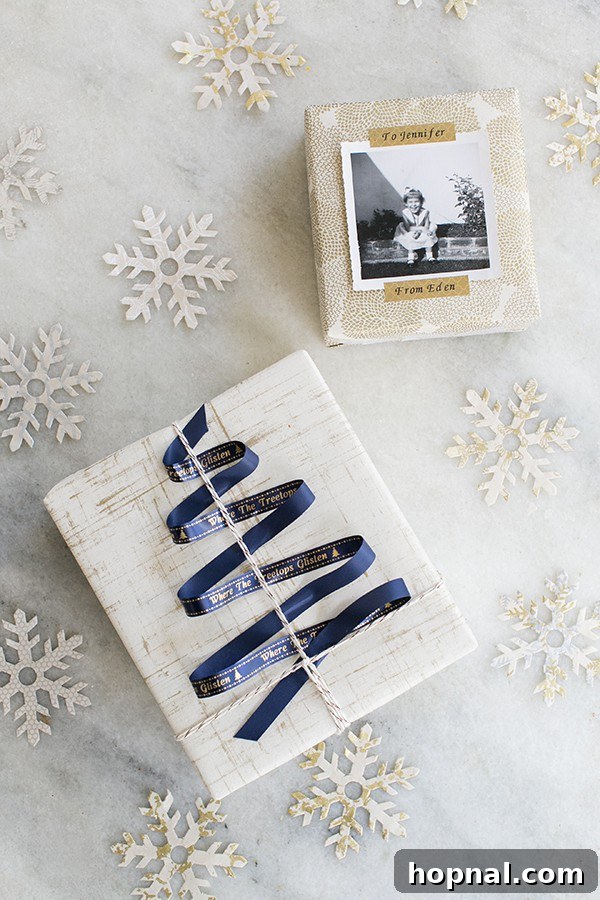 A collection of beautifully wrapped gifts with personalized touches, including ribbons and photo tags, set against a festive backdrop.