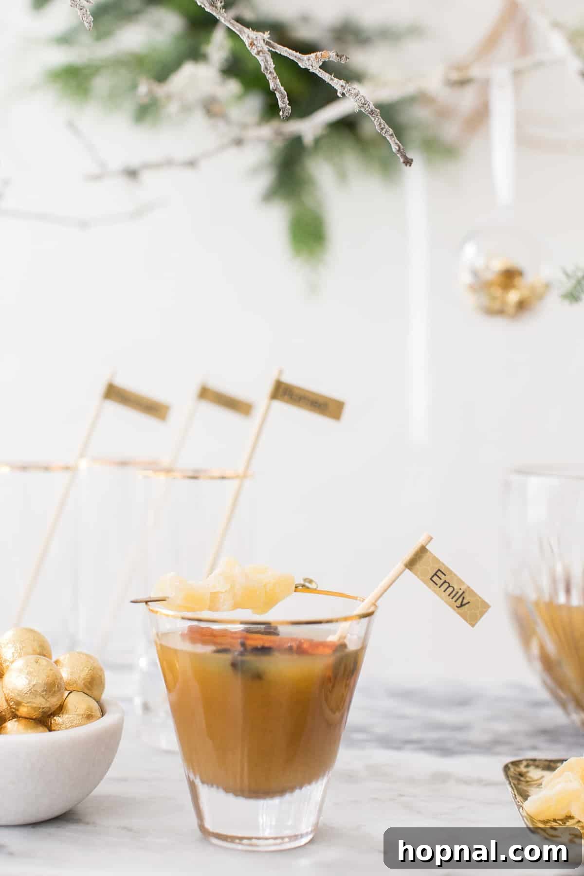 Close-up of a pineapple cocktail served in an elegant glass, garnished with fresh fruit and spices