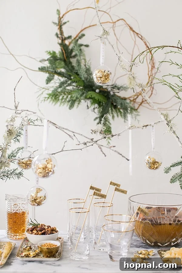 A wide shot of a festive holiday drink station, featuring a large punch bowl as the centerpiece, surrounded by snacks and decor