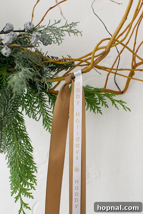 Close-up of a holiday ribbon featuring custom printed text 'Happy Holidays' with a snowflake icon, demonstrating personalized decor